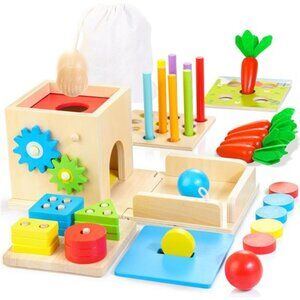 Wooden Montessori Baby Toys, Wooden Play Kit Includes Object Permanent Box